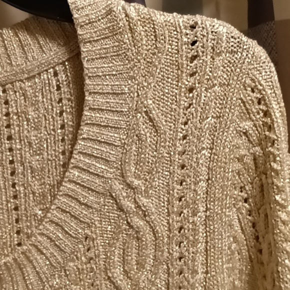 FINAL PRICE WHITE HOUSE BLACK MARKET tan/taupe braided sweater w shimmers Lrg - Picture 5 of 13